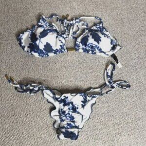 Paula Hermanny Swimsuit Set Cheeky Halter Top Padded White and Blue XS /L